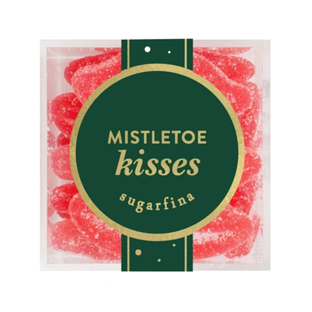 Packaged candy labeled 'Mistletoe Kisses' by Sugarfina on a white background.