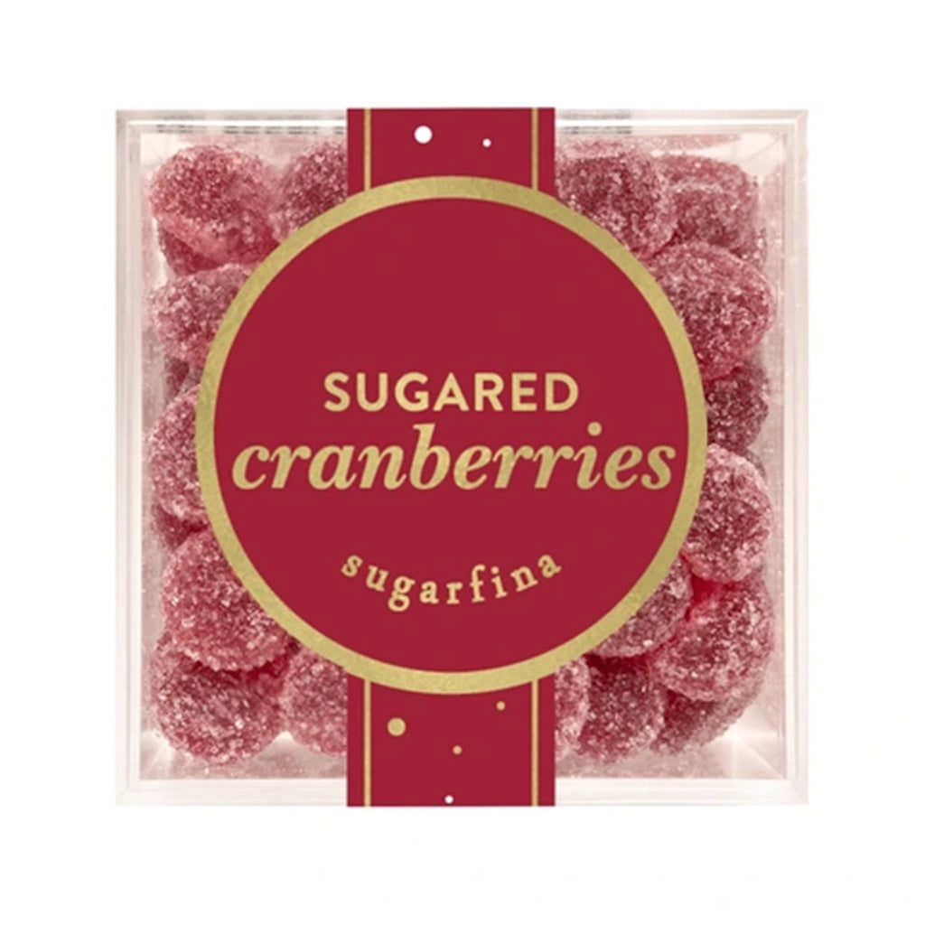 Pack of sugared cranberries candy with a red label on a white background.