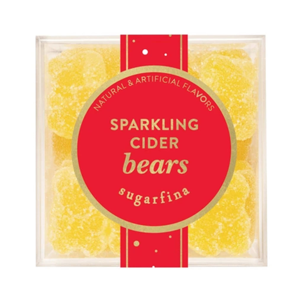 Box of sparkling cider bear gummy candy by sugarfina with a red label on a white background.