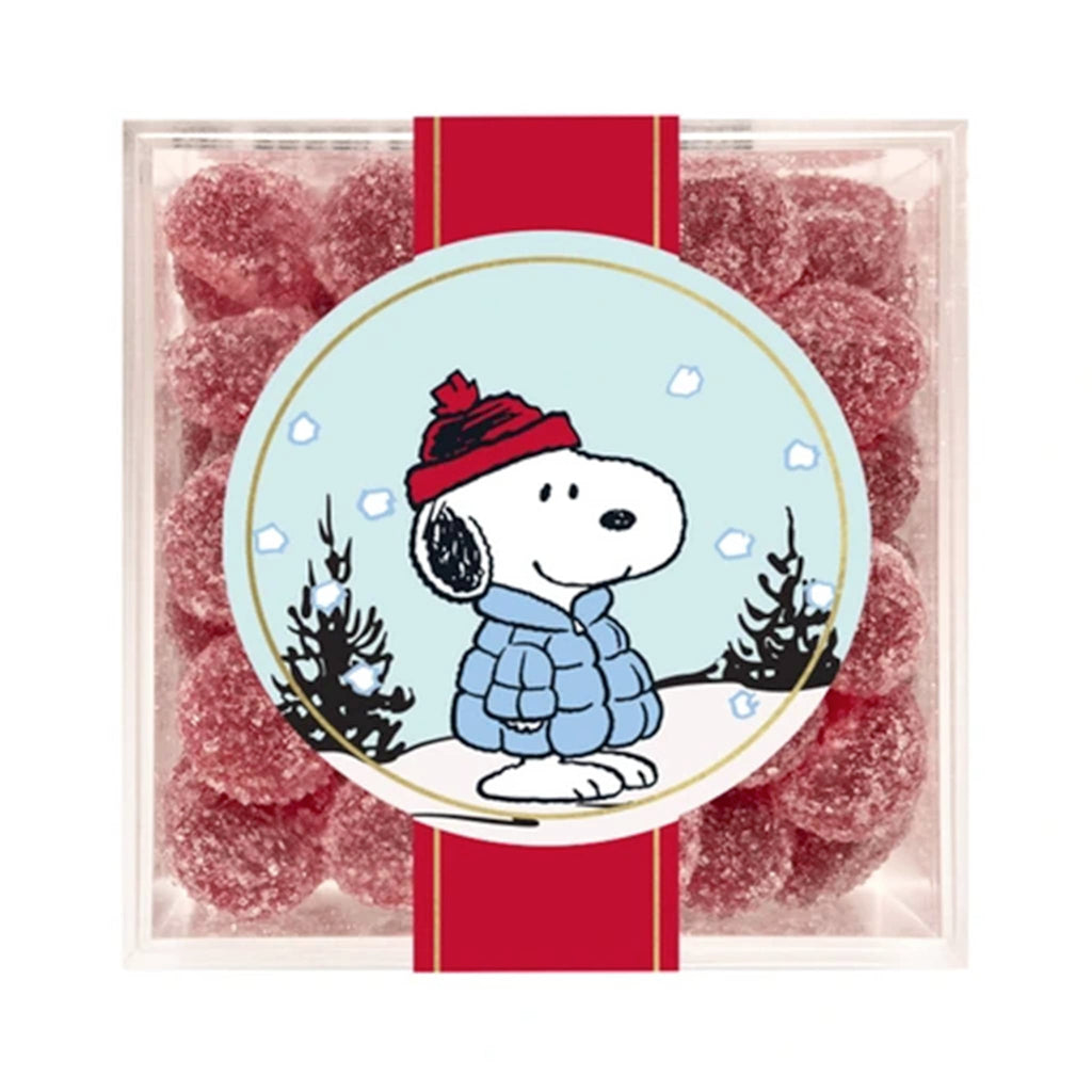 Packaged gummy bears with a Snoopy illustration on a snowy background.