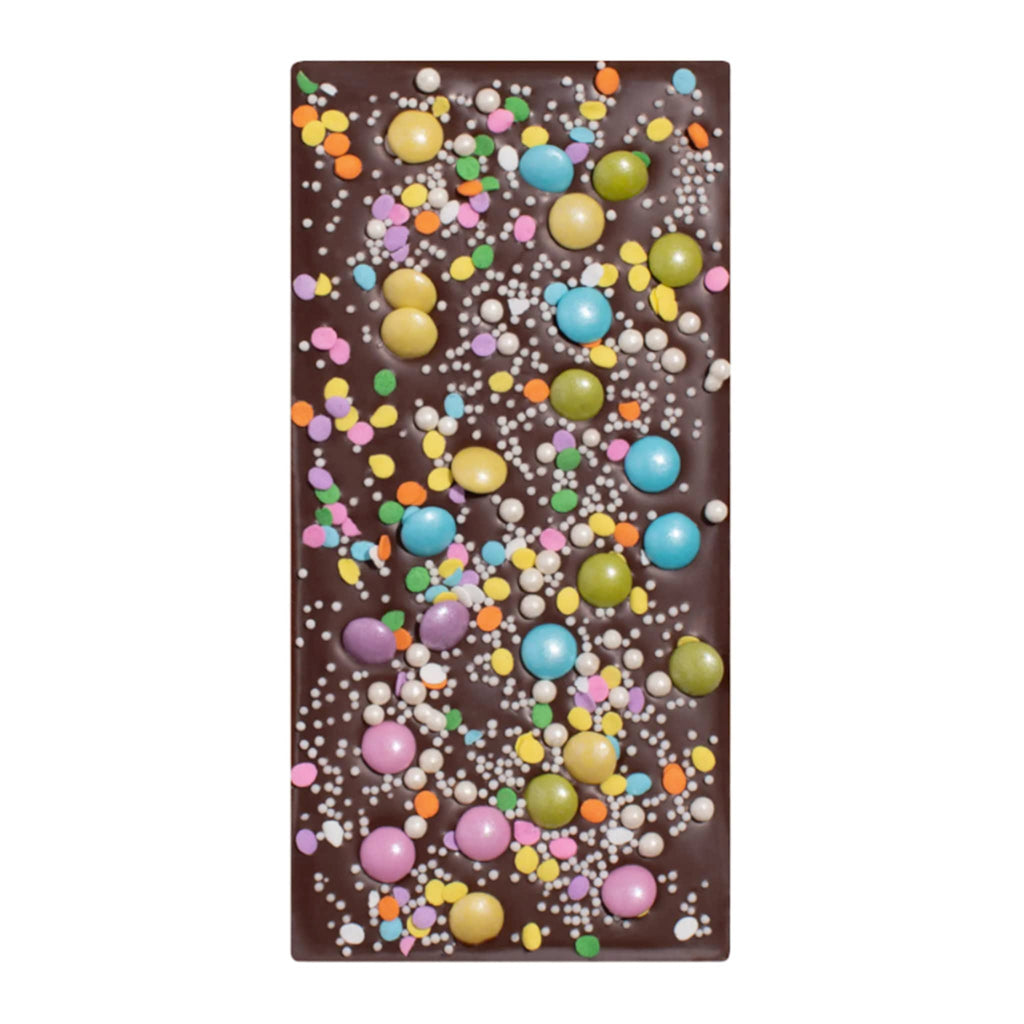 Sugarfina Easter Bunny Bark milk chocolate bar front view with sprinkles.