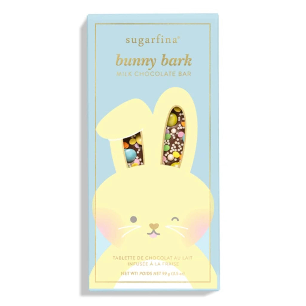 Sugarfina Easter Bunny Bark milk chocolate bar in box packaging, front view.