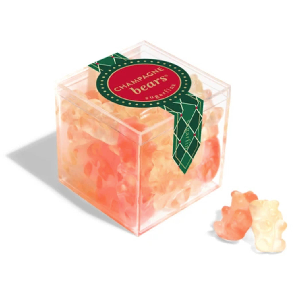 Sugarfina Holiday 2024 Champagne Bears in candy cube packaging with  bears in front.