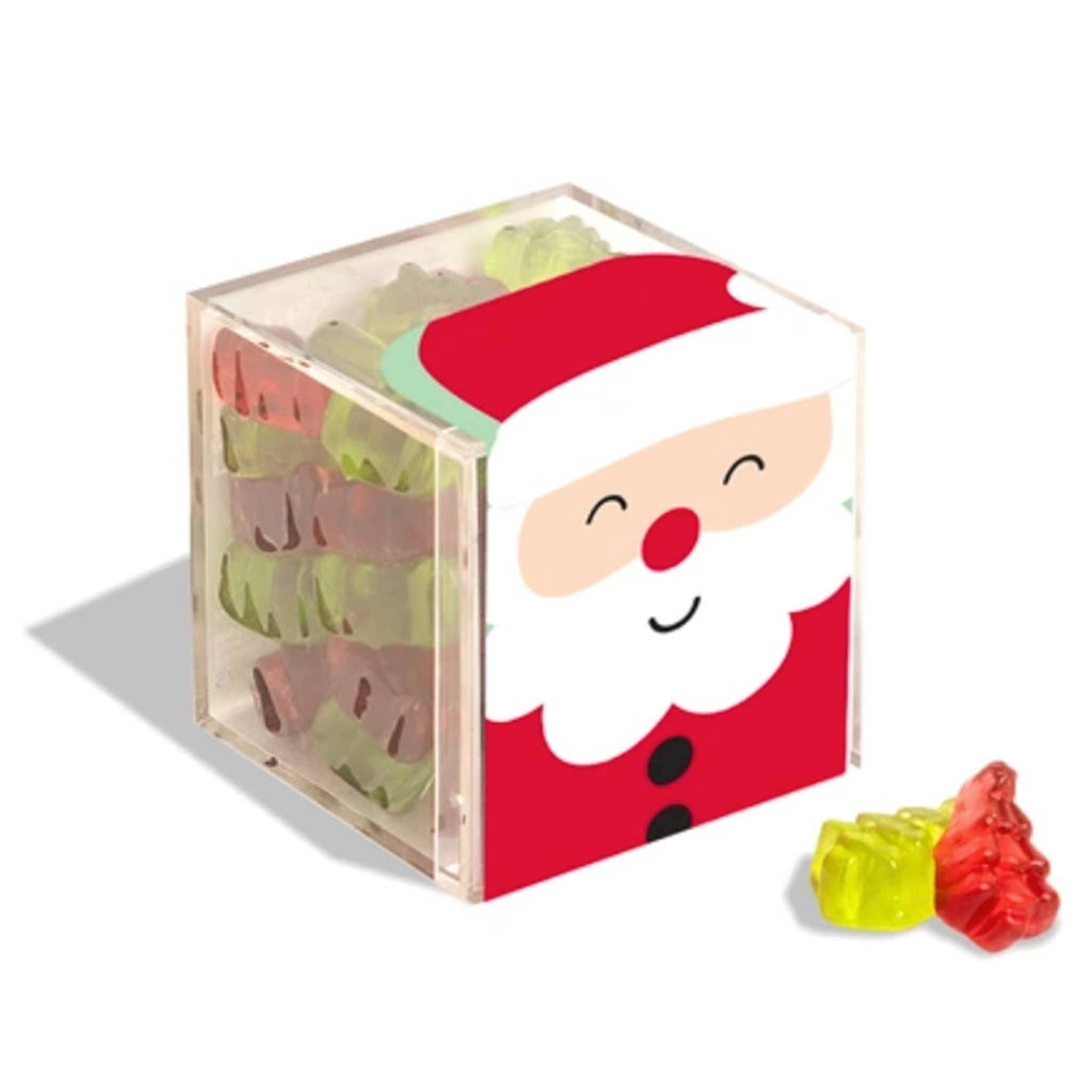 Sugarfina Holiday 2024 Santa Christmas Trees gummy candy in santa  candy cube packaging with candies in front.