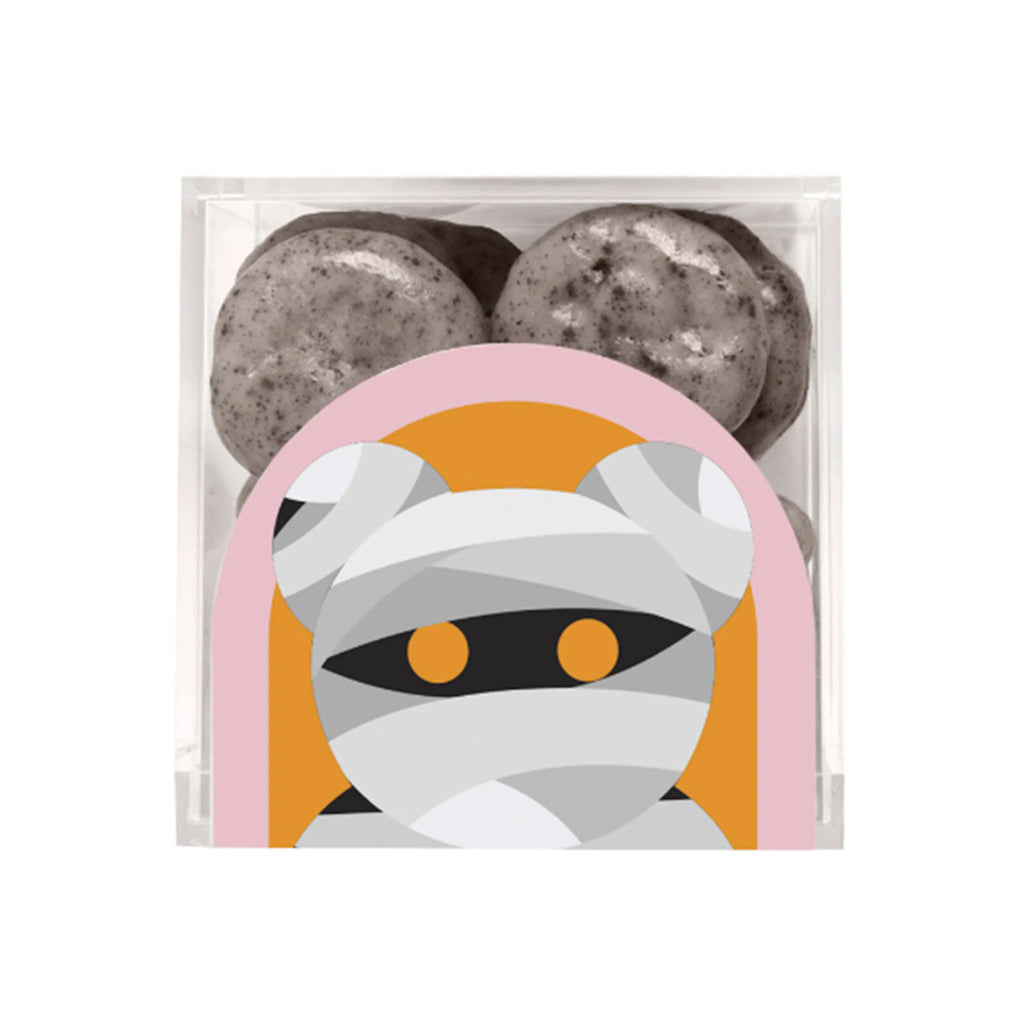 Sugarfina 2023 Mummy Graveyard Cookies in acrylic candy cube, front view.