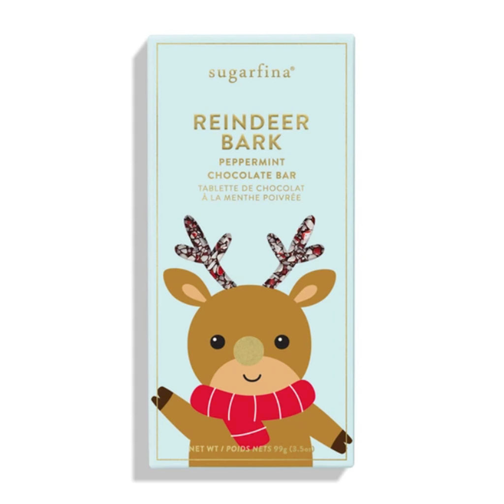 Sugarfina Reindeer Bark Peppermint Chocolate Bar Holiday 2024 in packaging, front view.