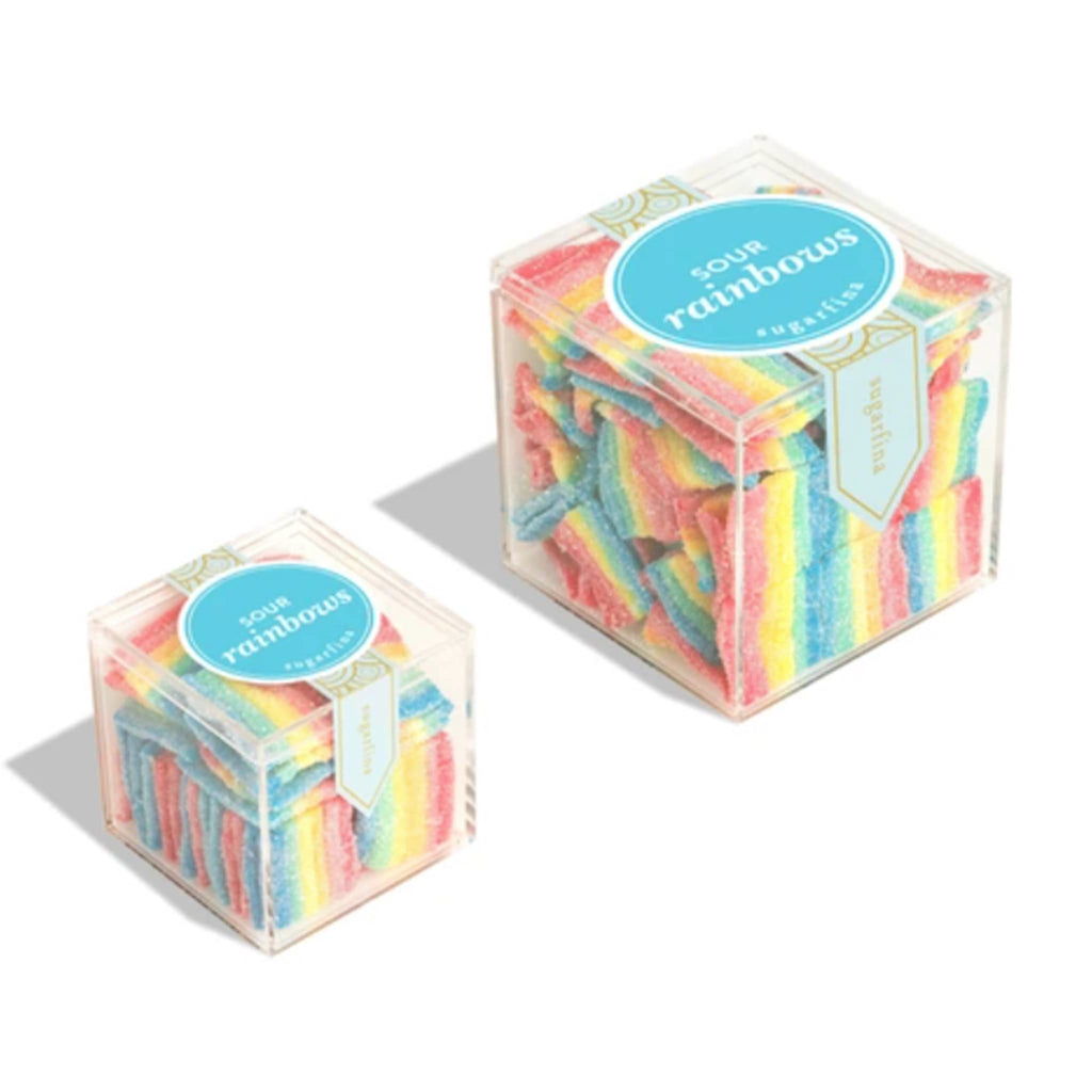 Sugarfina Sour Rainbows gummy candy in small and large candy cube, front angle.