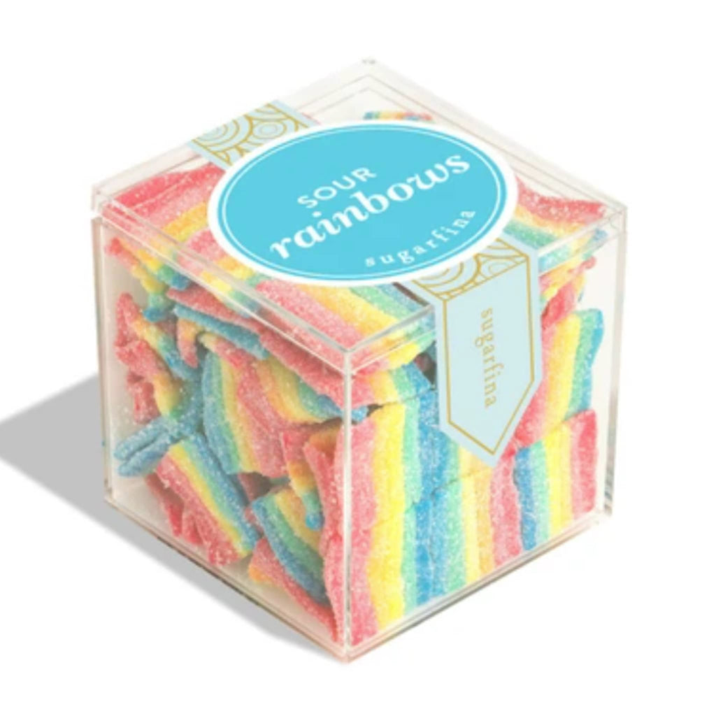 Sugarfina Sour Rainbows gummy candy in large candy cube, front angle.