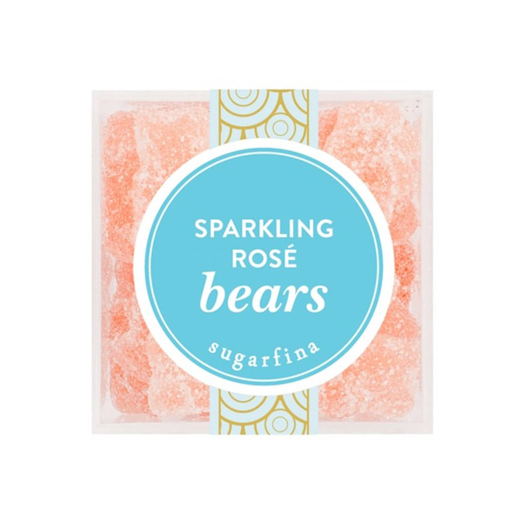 Sugarfina sparkling rose bears gummy candy in clear acrylic candy cube packaging, top view.