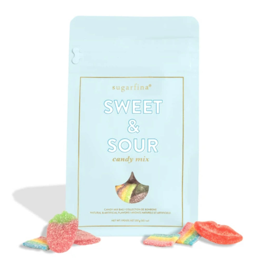 Sugarfina Sweet & Sour Candy Mix in light blue bag, front view.