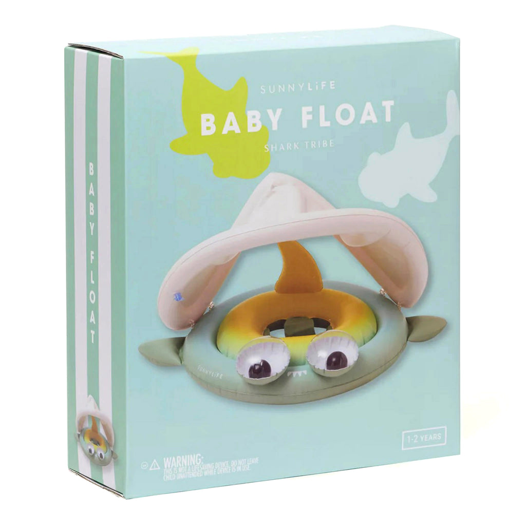 Sunnylife Shark Tribe Inflatable Baby Float in box packaging.