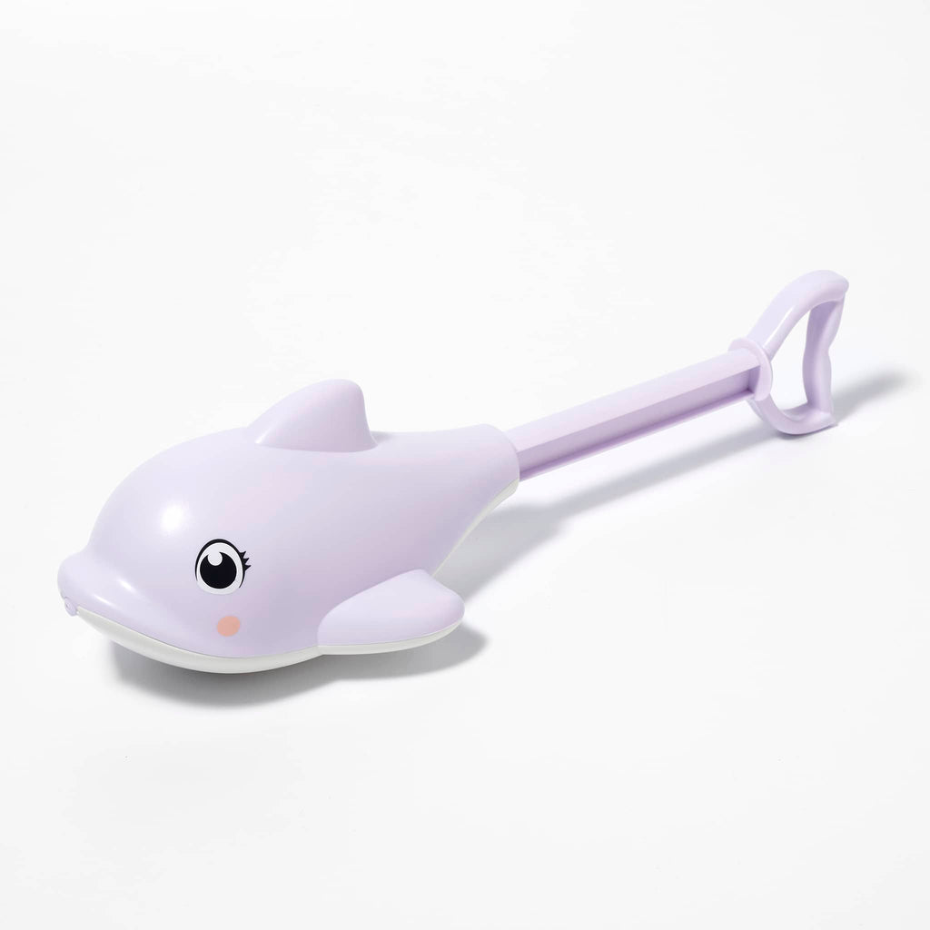 Sunnylife Dolphin Water Squirter in pastel lilac, slightly overhead front and side view, handle extended.