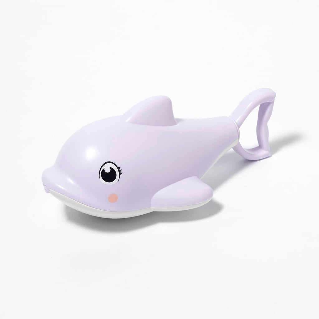 Sunnylife Dolphin Water Squirter in pastel lilac, slightly overhead front and side view.