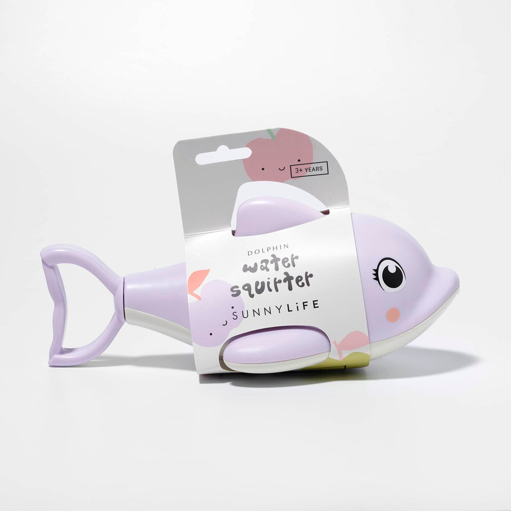 Sunnylife Dolphin Water Squirter in pastel lilac with belly band packaging, side view.