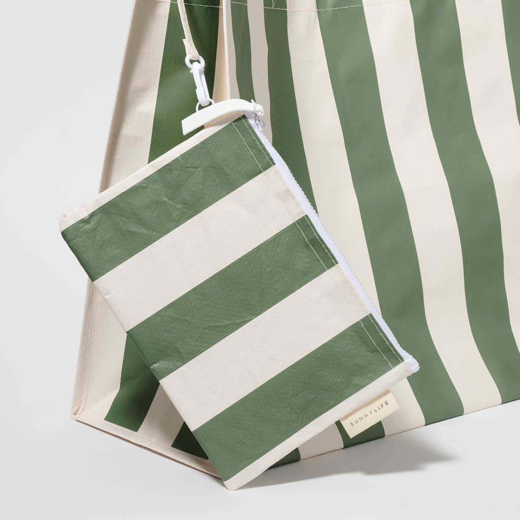 Sunnylife Carryall Beach Bag in The Vacay Olive Stripe, detail of attached inner zip pouch.