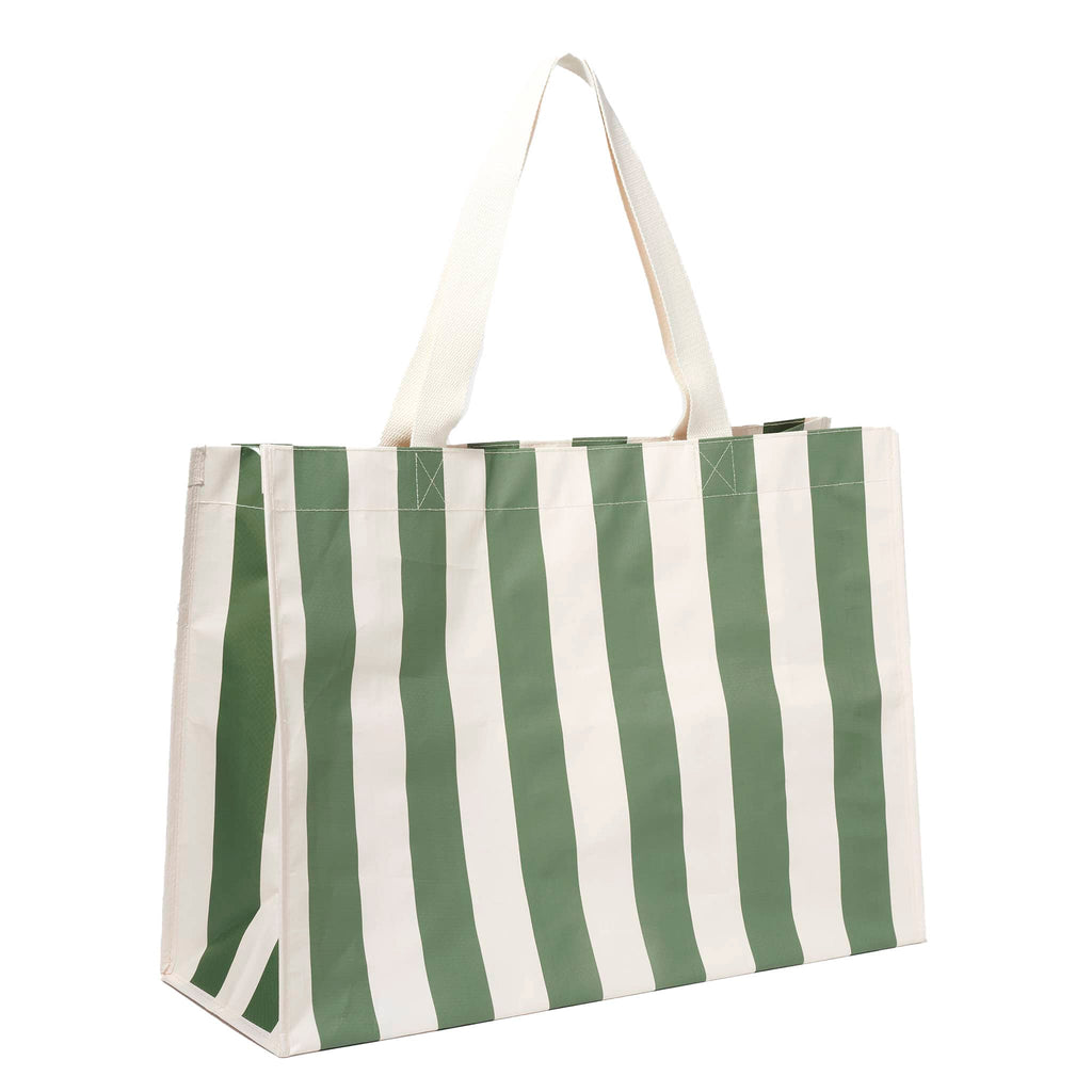 Sunnylife Carryall Beach Bag in The Vacay Olive Stripe, front angle view with white webbed handles up.