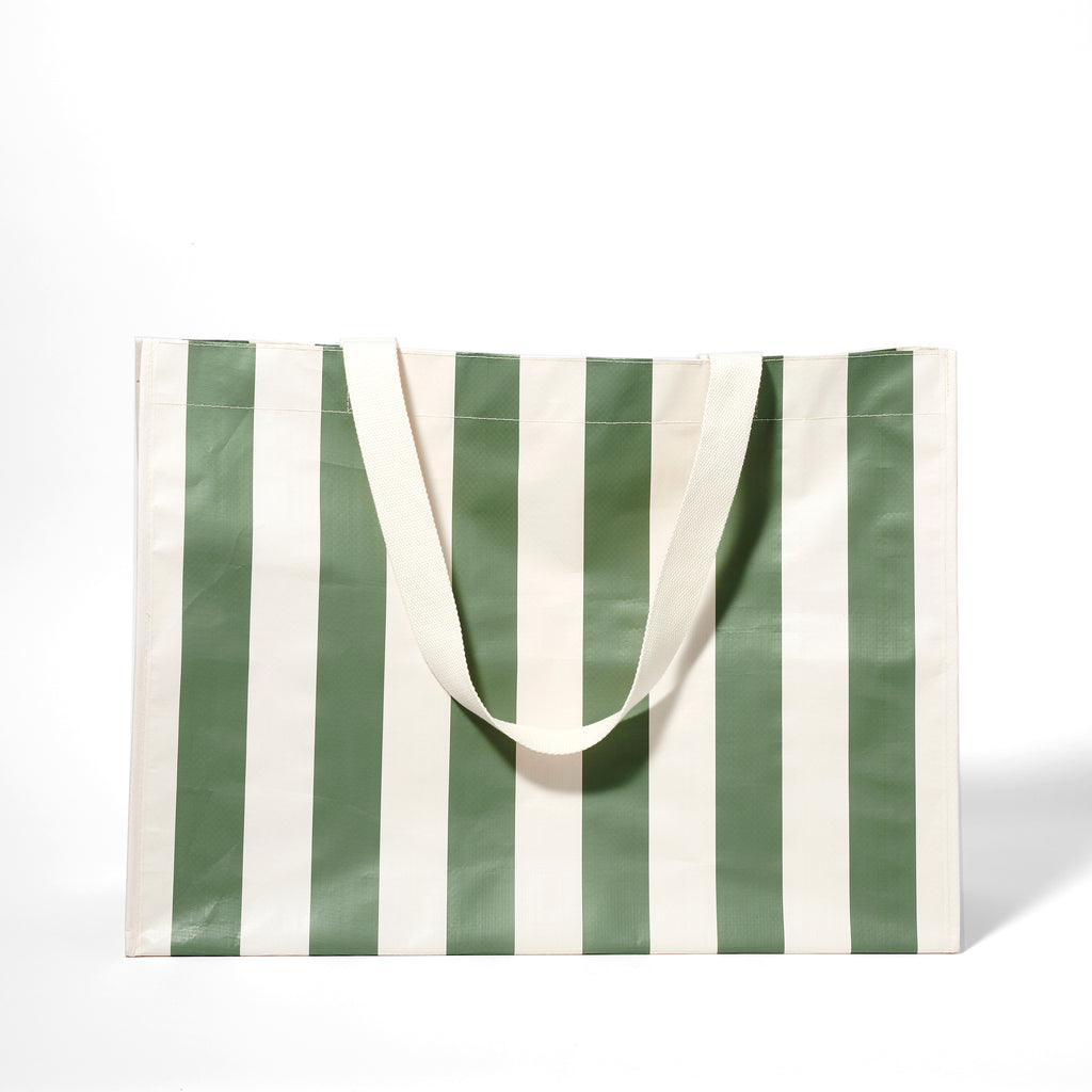 Sunnylife Carryall Beach Bag in The Vacay Olive Stripe, front view.