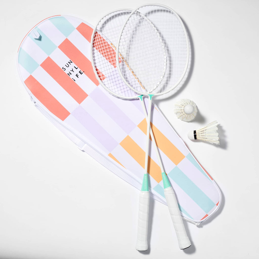Sunnylife Rio Sun Multi Badminton set with 2 white racquets, 2 shuttlecocks and a bright striped carry bag.