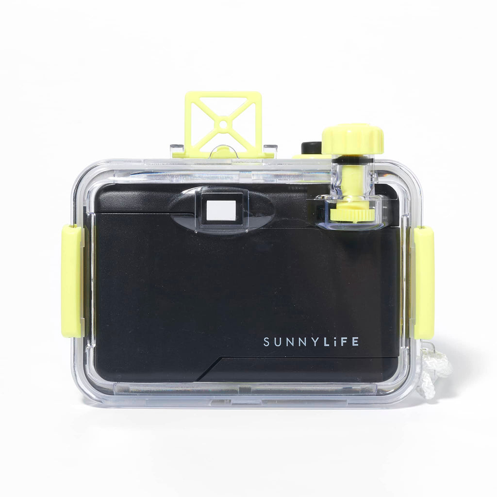 Sunnylife Sea Kids 35mm waterproof underwater camera with green illustrations on an ombre yellow to white background, back view.