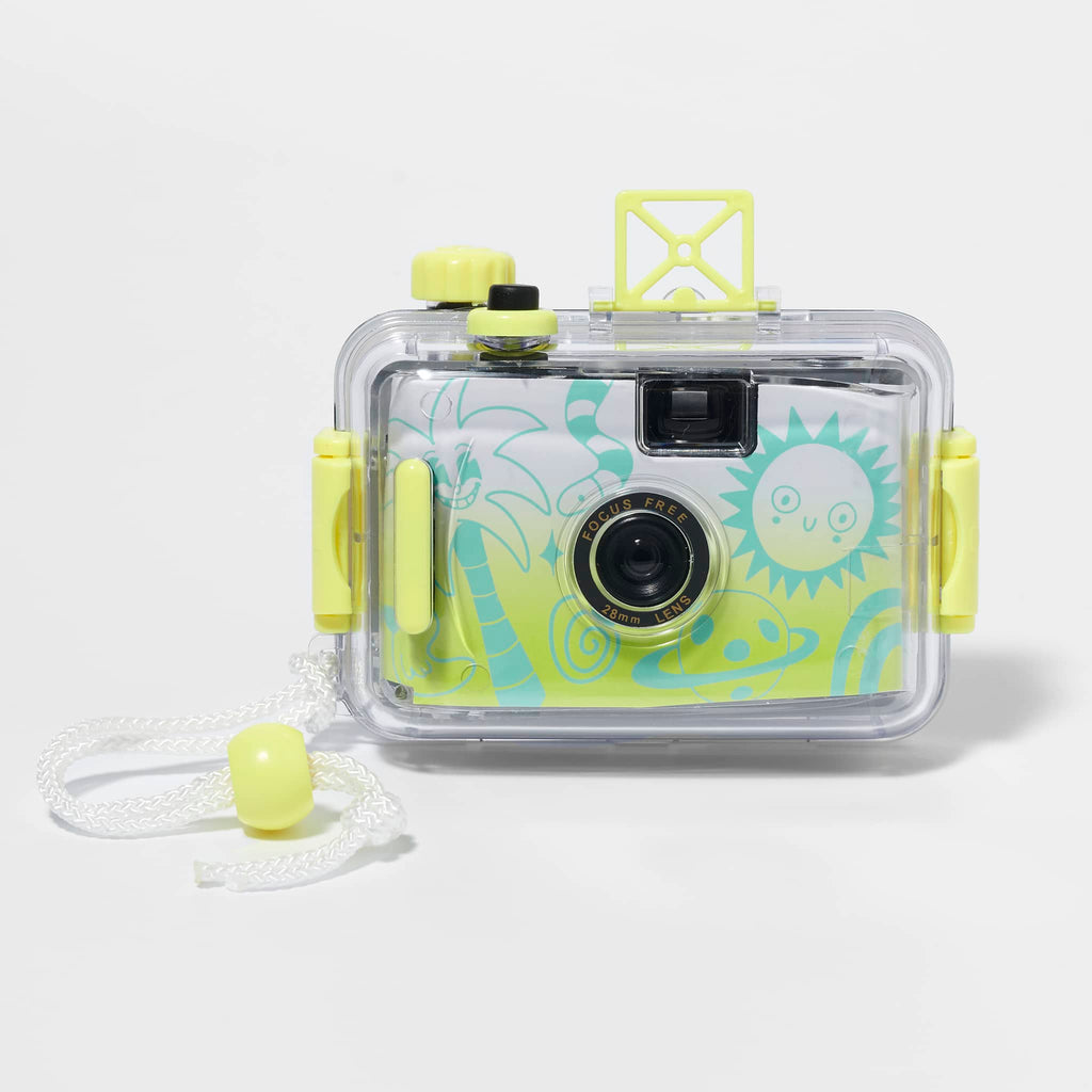 Sunnylife Sea Kids 35mm waterproof underwater camera with green illustrations on an ombre yellow to white background, front view.