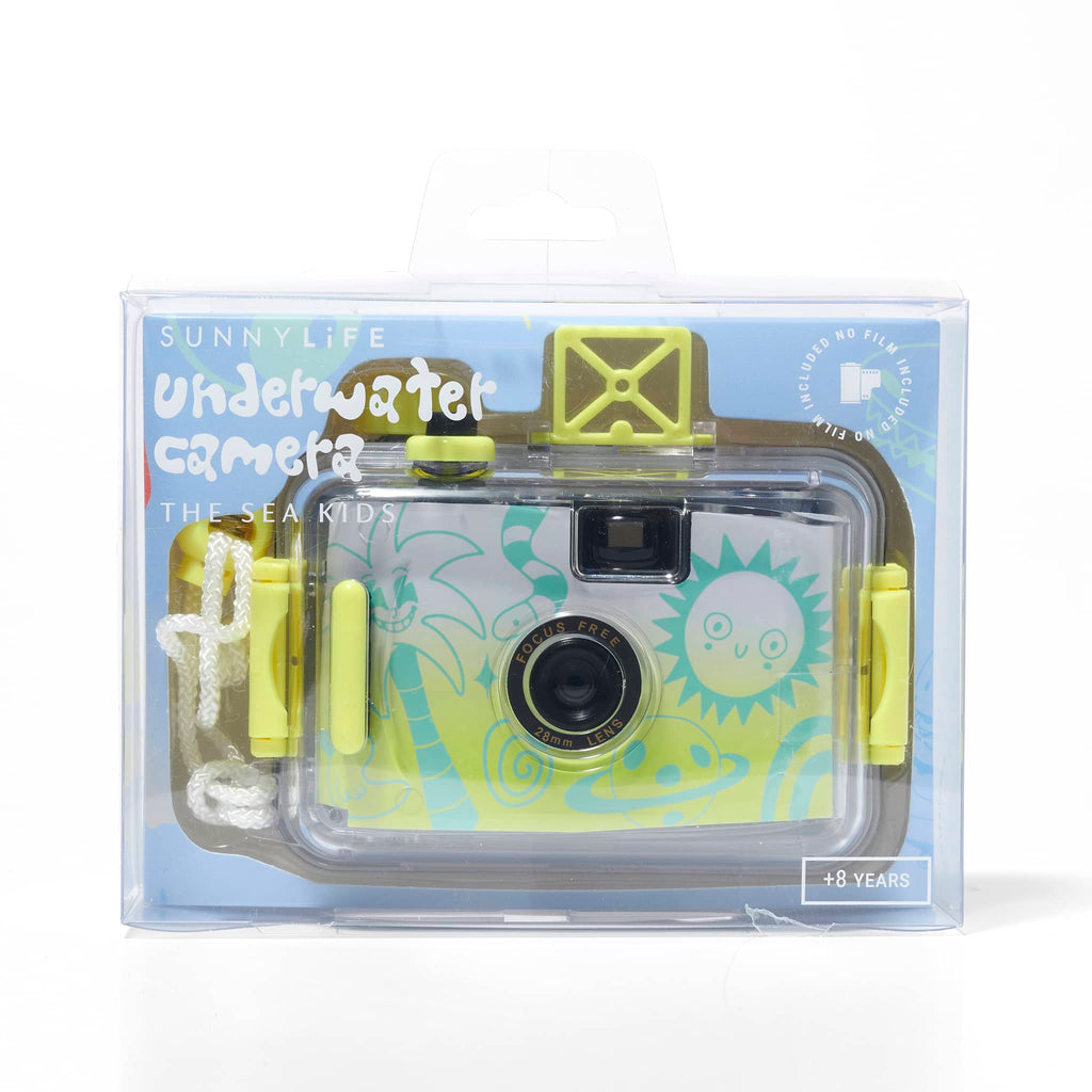 Sunnylife Sea Kids 35mm waterproof underwater camera with green illustrations on an ombre yellow to white background in box packaging, front view.