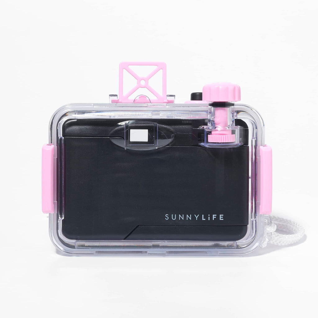 Sunnylife Summer Sherbet 35mm waterproof underwater camera with green, yellow, pink and blue illustrations on a white background, back view.