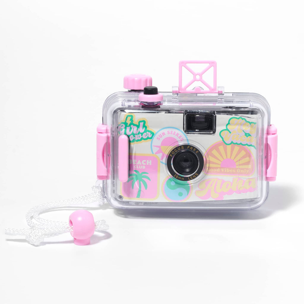 Sunnylife Summer Sherbet 35mm waterproof underwater camera with green, yellow, pink and blue illustrations on a white background, front view.