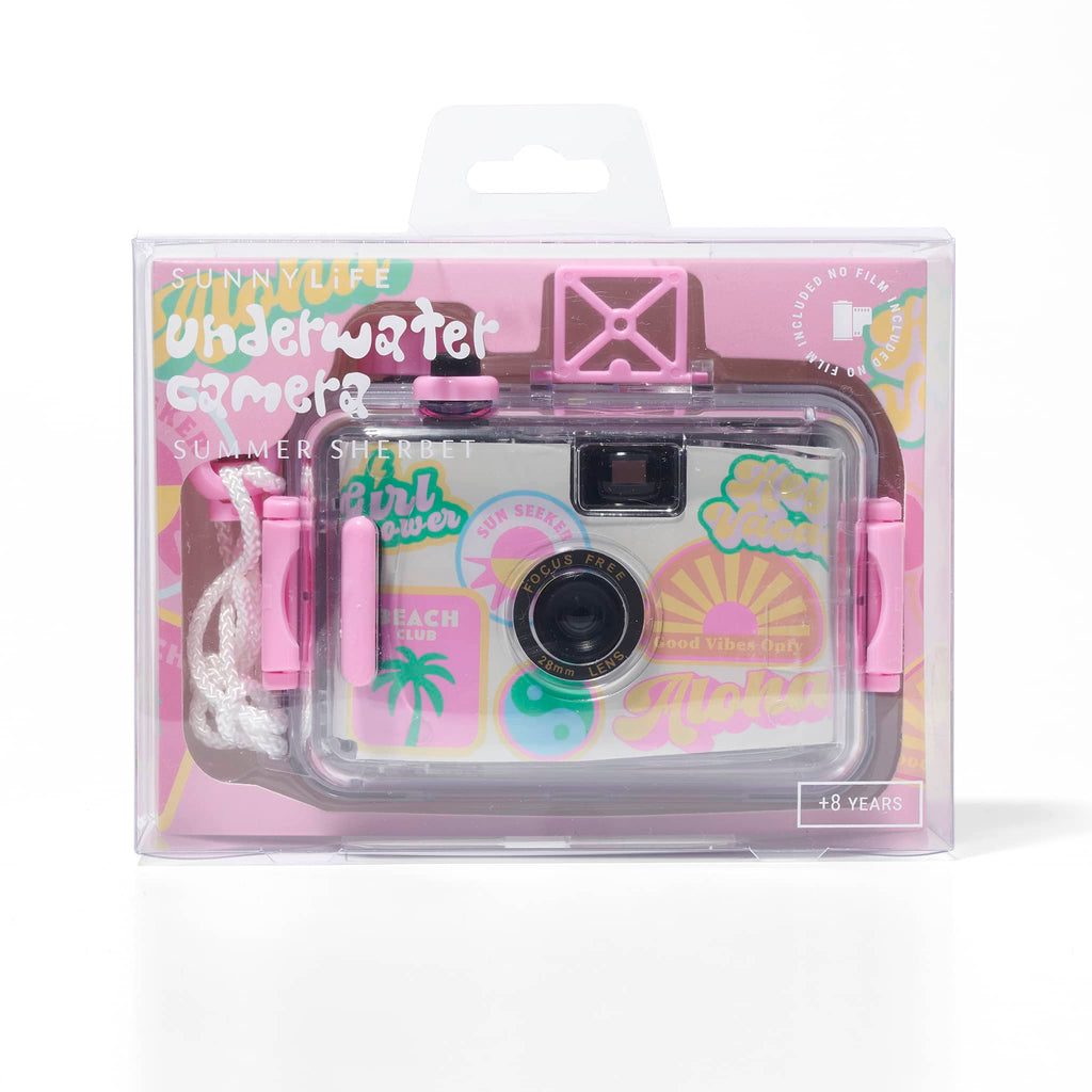 Sunnylife Summer Sherbet 35mm waterproof underwater camera with green, yellow, pink and blue illustrations on a white background in box packaging, front view.