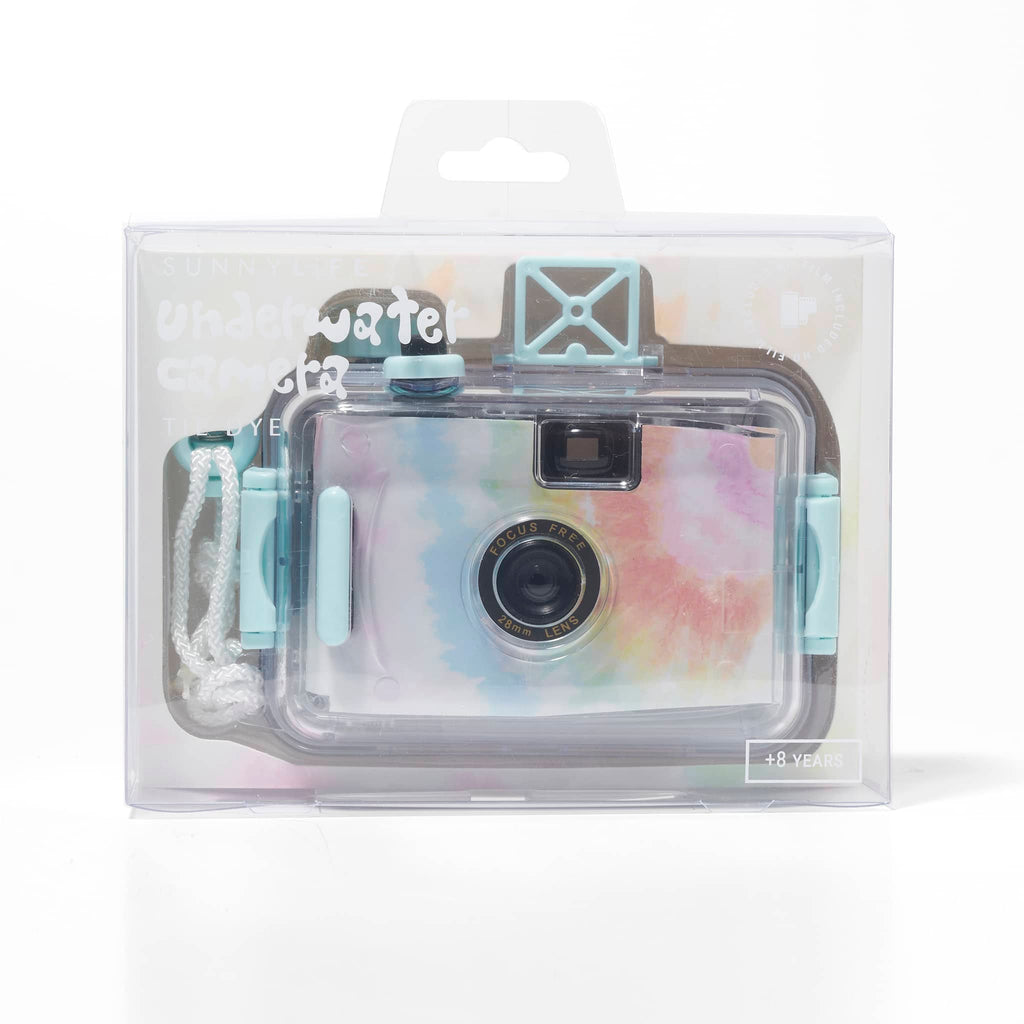 Sunnylife Rainbow Tie Dye 35mm waterproof underwater camera in box packaging, front view.