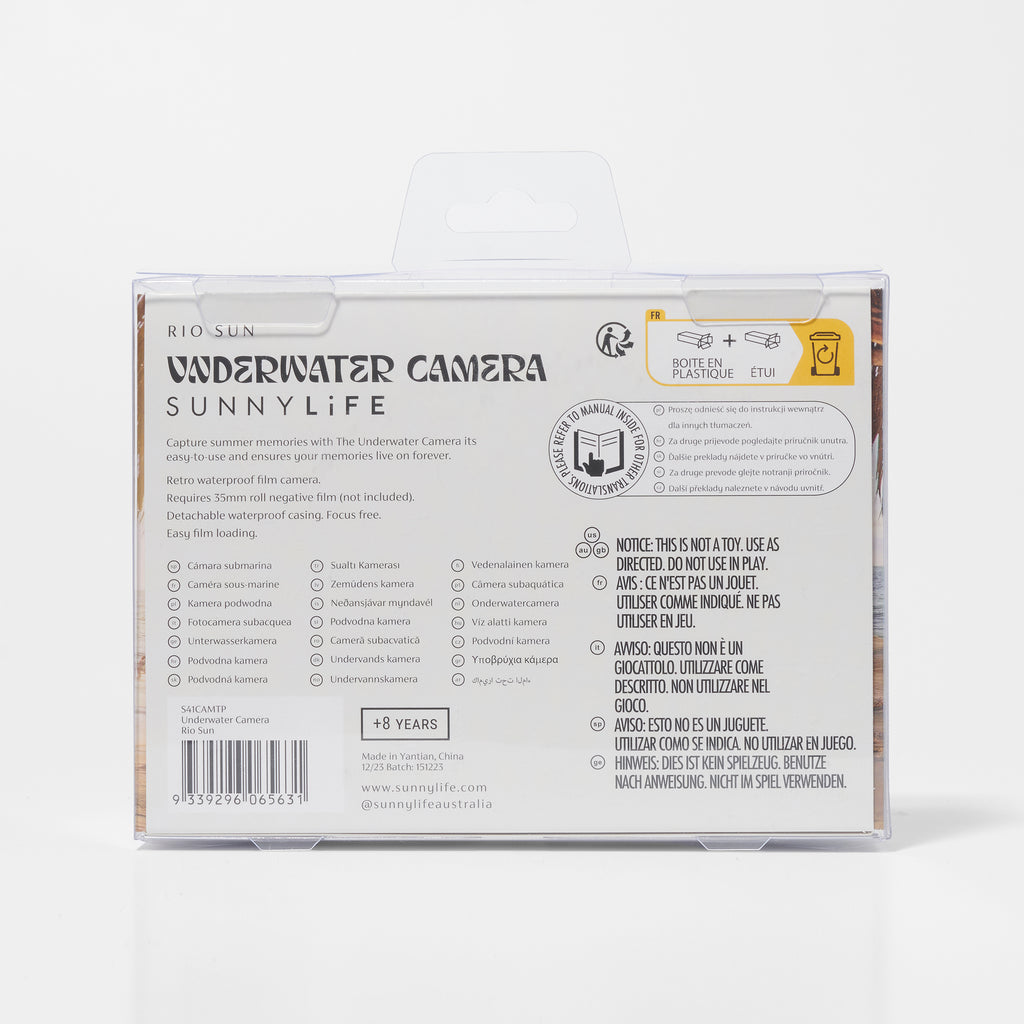 Sunnylife Rio Sun 35mm waterproof underwater camera in box packaging, back view.
