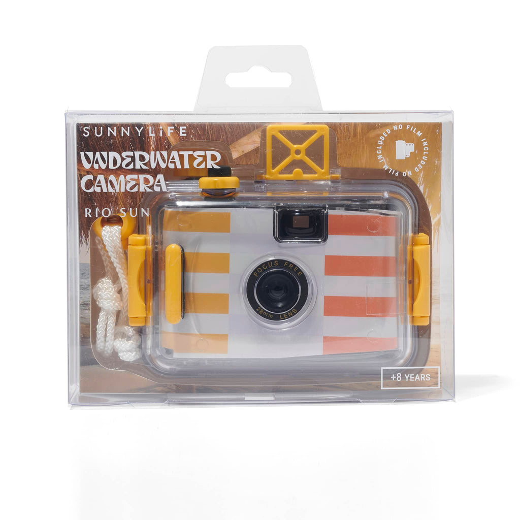 Sunnylife Rio Sun 35mm waterproof underwater camera with orange and yellow stripes in box packaging, front view.