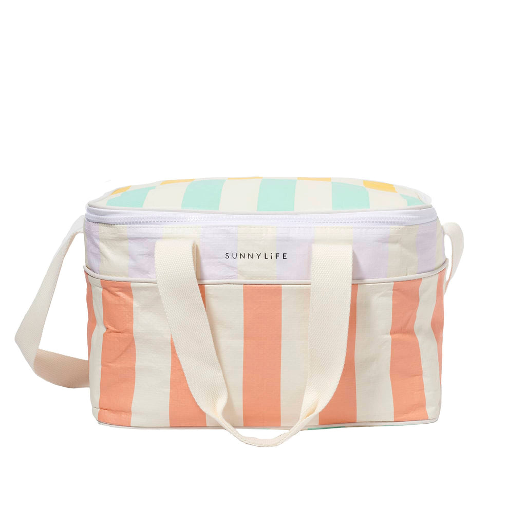 Sunnylife Cooler Bag in Rio Sun with blue, yellow, lilac, orange and cream maxi stripes, front view, closed.