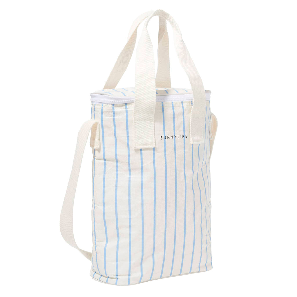 Sunnylife Insulated Drinks Cooler Bag in Le Weekend in white with blue pin stripes, front view, closed, handles up.