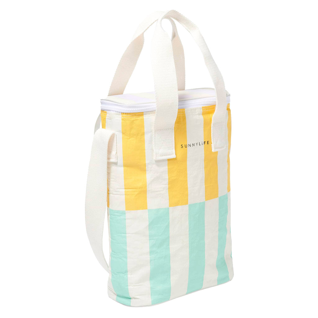 Sunnylife Insulated Drinks Cooler Bag in Rio Sun with yellow and aqua blue stripes, front view, closed, handles up.