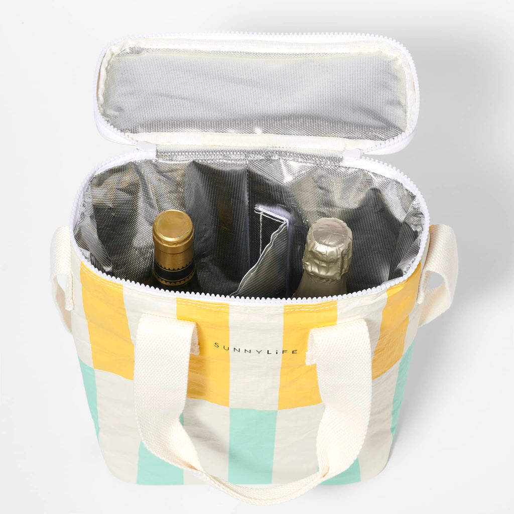 Sunnylife Insulated Drinks Cooler Bag in Rio Sun with yellow and aqua blue stripes, overhead view, lid open showing silver interior, divider and 2 bottles inside.