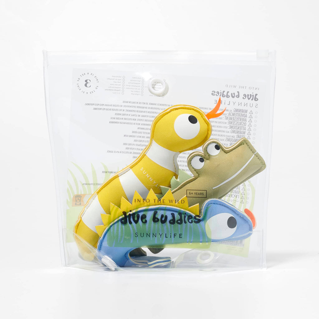 Sunnylife Into the Wild Dive Buddies pool toys set of 3 in clear pouch packaging, front view.