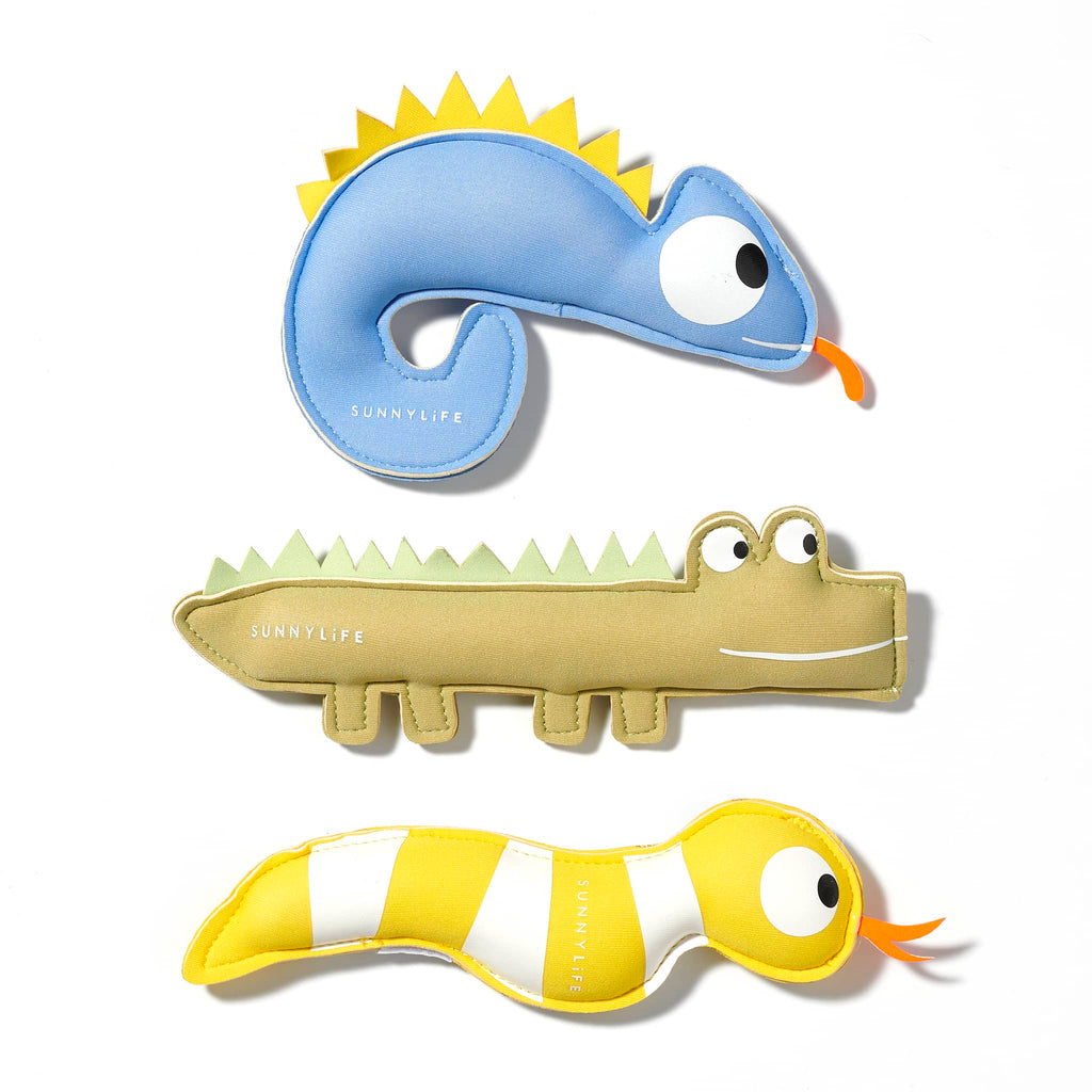 Sunnylife Into the Wild Dive Buddies pool toys set of 3 in chameleon, crocodile and snake front view.