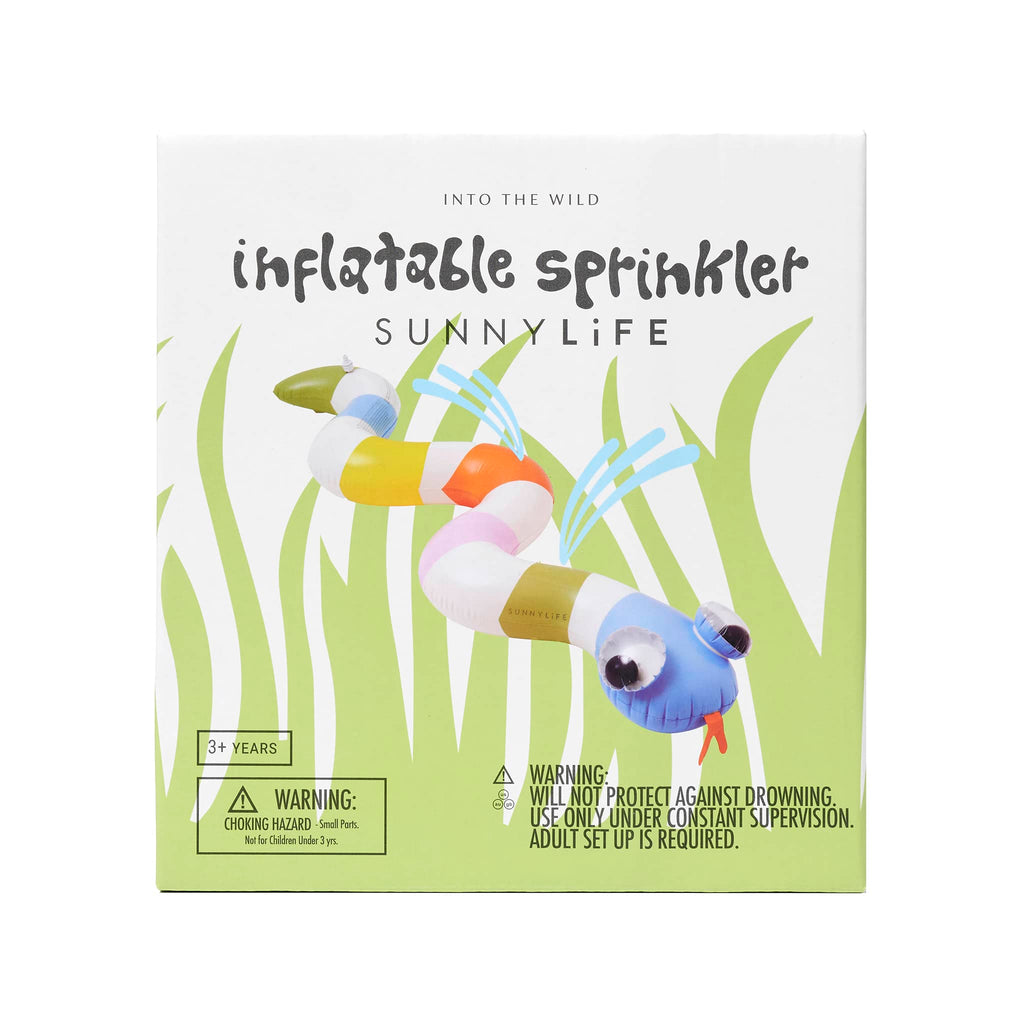 Sunnylife Into the Wild Inflatable Snake Water Sprinkler in box packaging, front view.