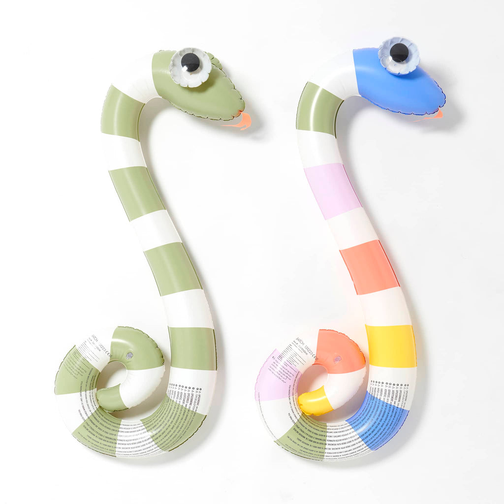 Sunnylife Into the Wild Kids Inflatable Snake Noodles, set of two pool toys, one is green and white striped, the other has colorful stripes, both with forked tongue and 3d bubble eyes, side view.