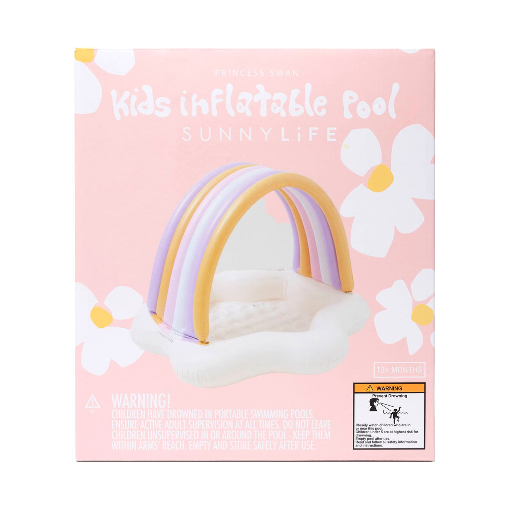 Sunnylife Princess Swan Kids Inflatable Pool in box packaging, front view.