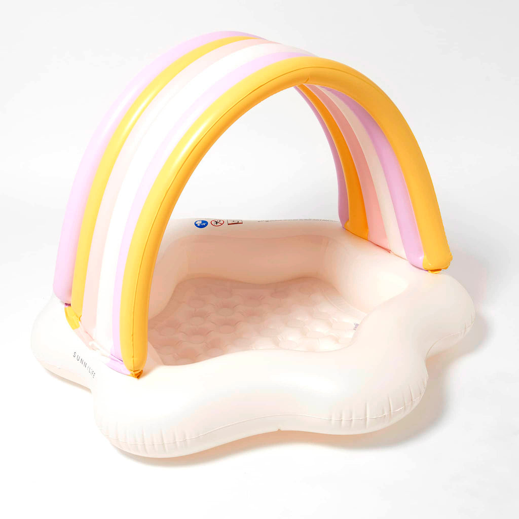 Sunnylife Princess Swan Kids Inflatable Pool with lilac, orange, pink and white tube canopy and white star-shaped pool, front angle view.
