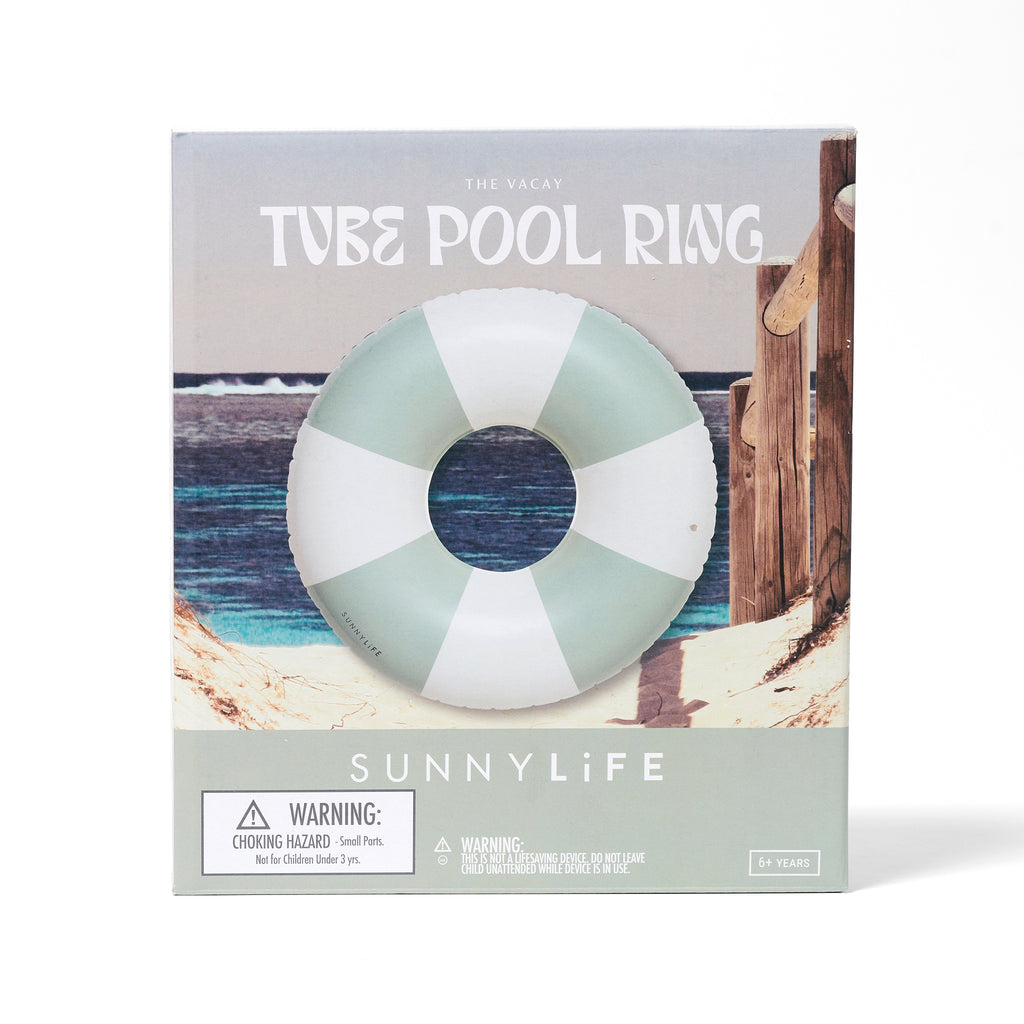 Sunnylife The Vacay Inflatable Tube Pool Ring in soft olive green and white stripes, in box packaging, front view.