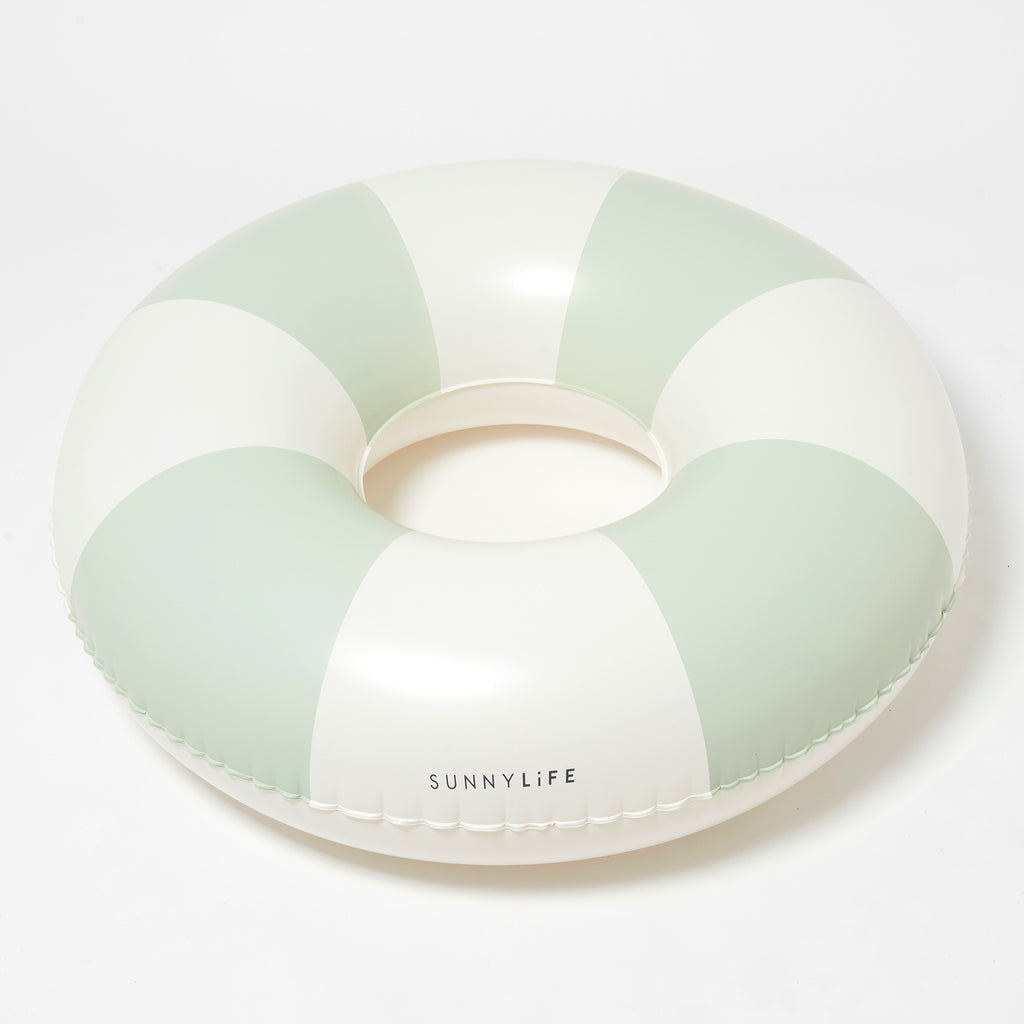 Sunnylife The Vacay Inflatable Tube Pool Ring in soft olive green and white stripes, top and side view.