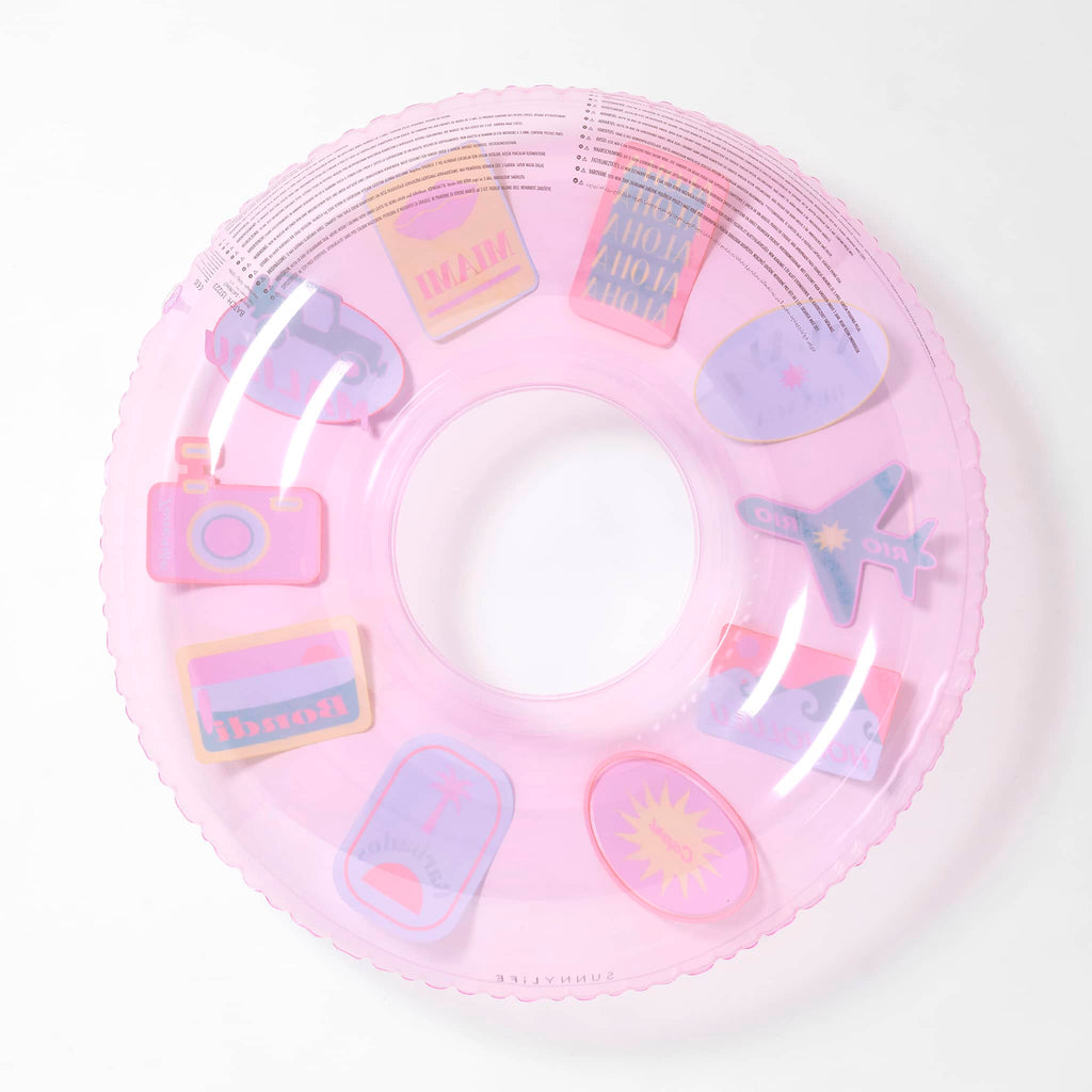 Sunnylife Inflatable Tube Pool Ring in Beach Hopper pink, bottom view.
