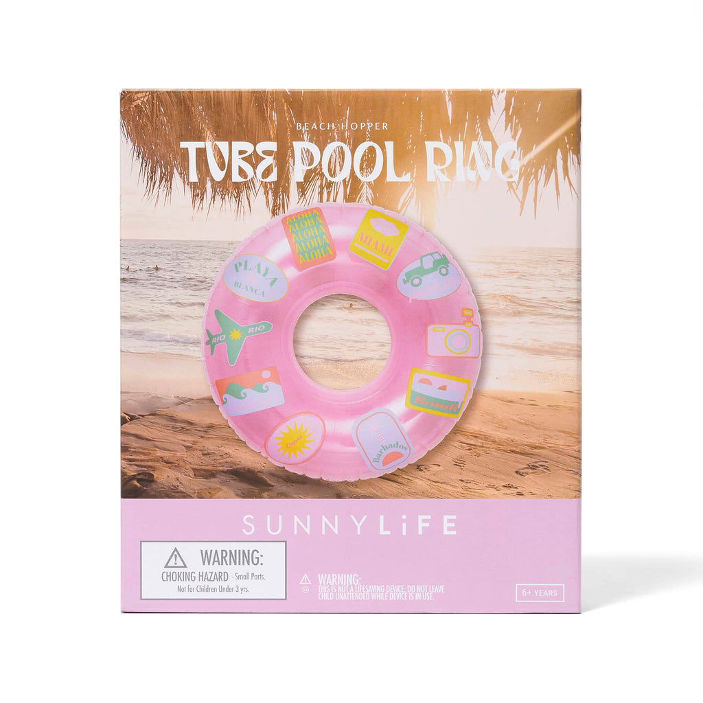 Sunnylife Inflatable Tube Pool Ring in Beach Hopper pink, in box packaging, front view.