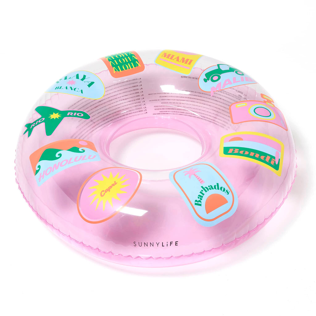 Sunnylife Inflatable Tube Pool Ring in Beach Hopper pink, top view.
