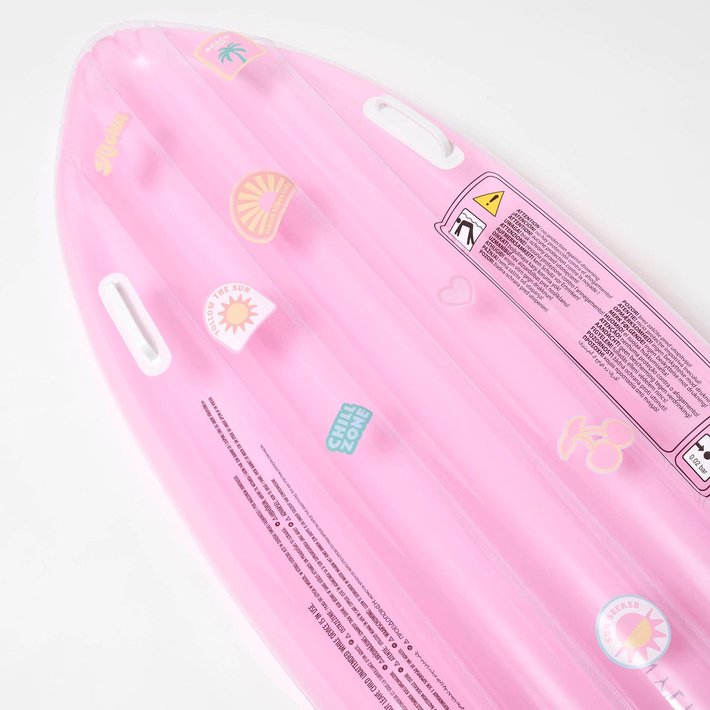 Sunnylife Summer Sherbet Kids Inflatable Surfboard Float pool toy, clear top of inflated surfboard with white handles and decorated with included vinyl stickers.