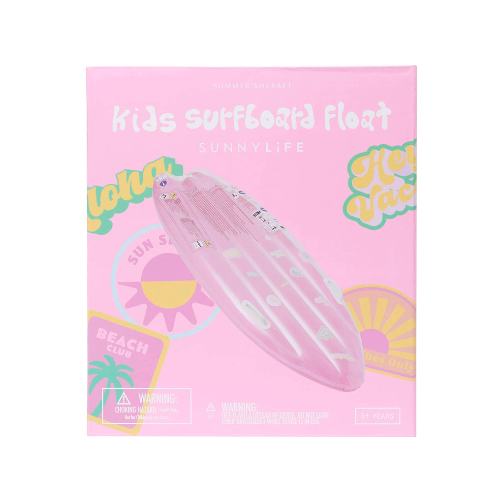 Sunnylife Summer Sherbet Kids Inflatable Surfboard Float pool toy in box packaging, front view.