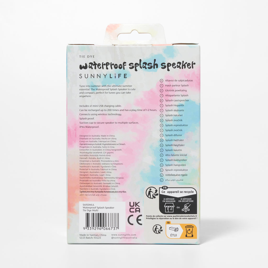 Sunnylife Rainbow Tie Dye Waterproof Splash Speaker in box packaging, back view.