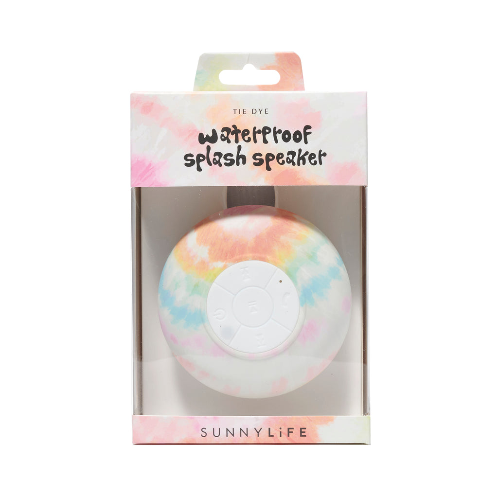 Sunnylife Rainbow Tie Dye Waterproof Splash Speaker in box packaging, front view.